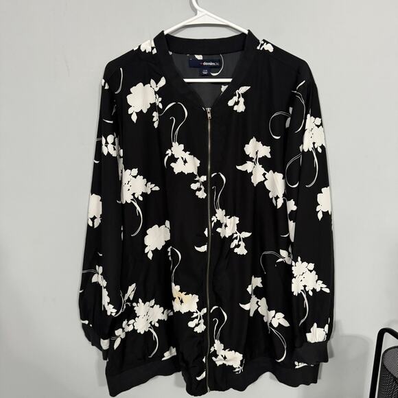 Denim 24/7 Black & White Floral Full Zip Lightweight Bomber Jacket Plus Size 24W - Picture 1 of 7